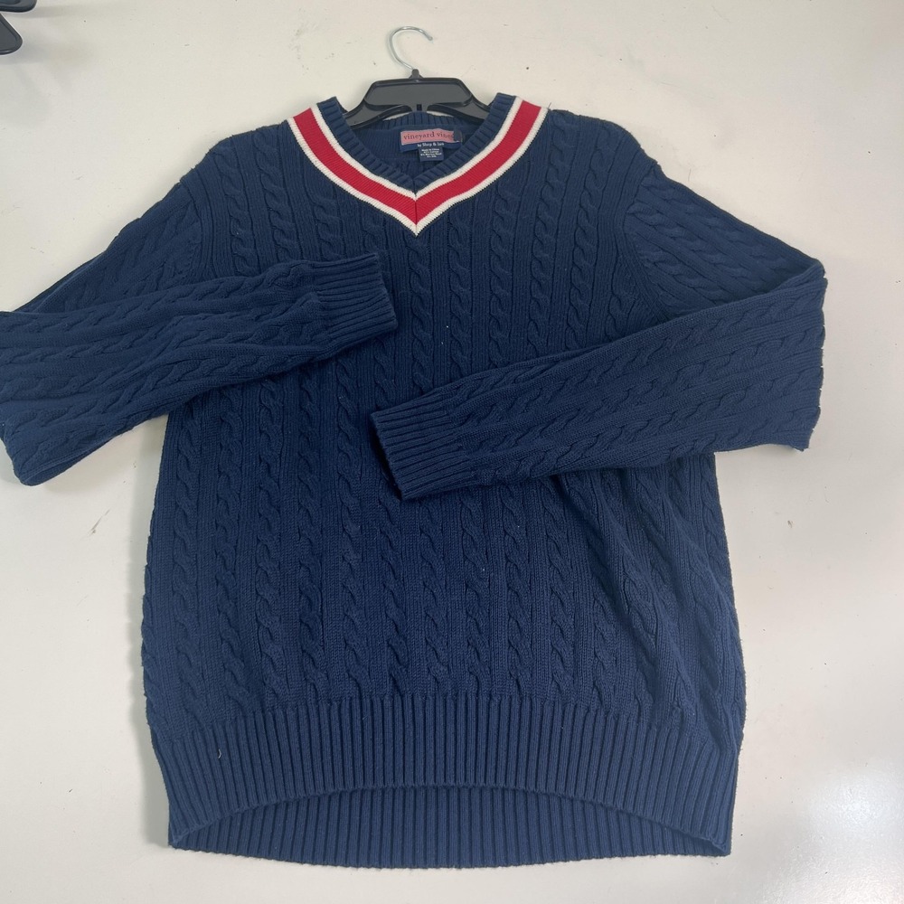Vineyard Vines Sweater Mens M Blue Merino Wool Silk V Neck Cable Knit Pullover